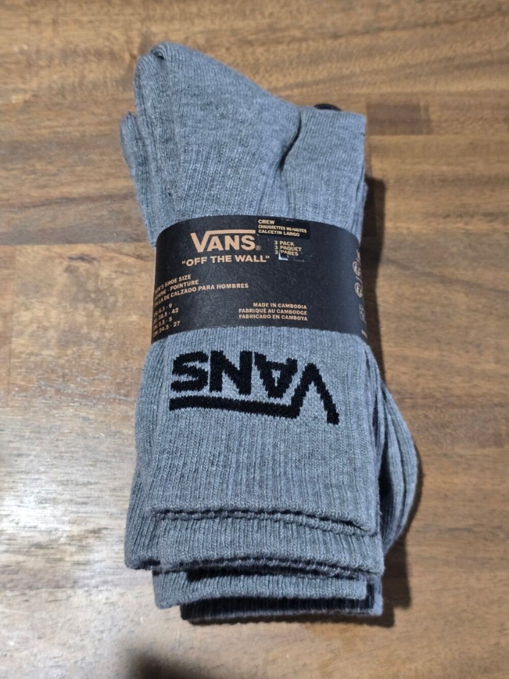 NWT Vans Off The Wall Crew Socks Gray Heather Black Logo 3 Pairs Mens Shoe 6.5-9